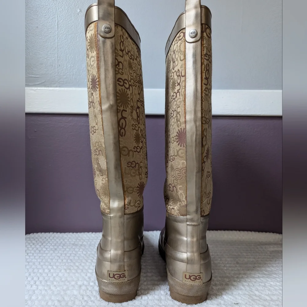 VTG Y2K UGG Wallingford Wellies Gold Sheepskin Logo Print Rain Boots Women's 7 - Picture 9 of 14